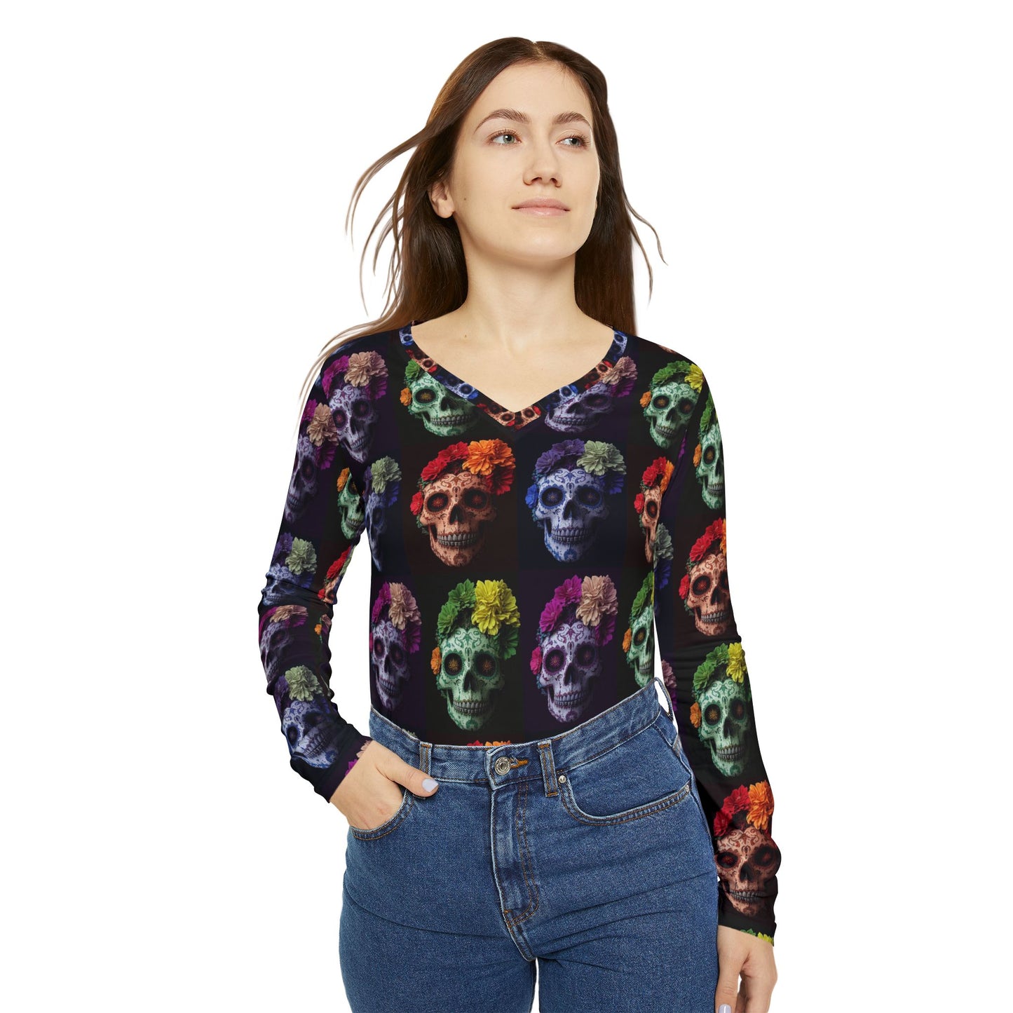 Colorful Skull V-neck Shirt, Day of the Dead Apparel, Women's Fashion Top, Halloween Outfit, Unique Gift for Her