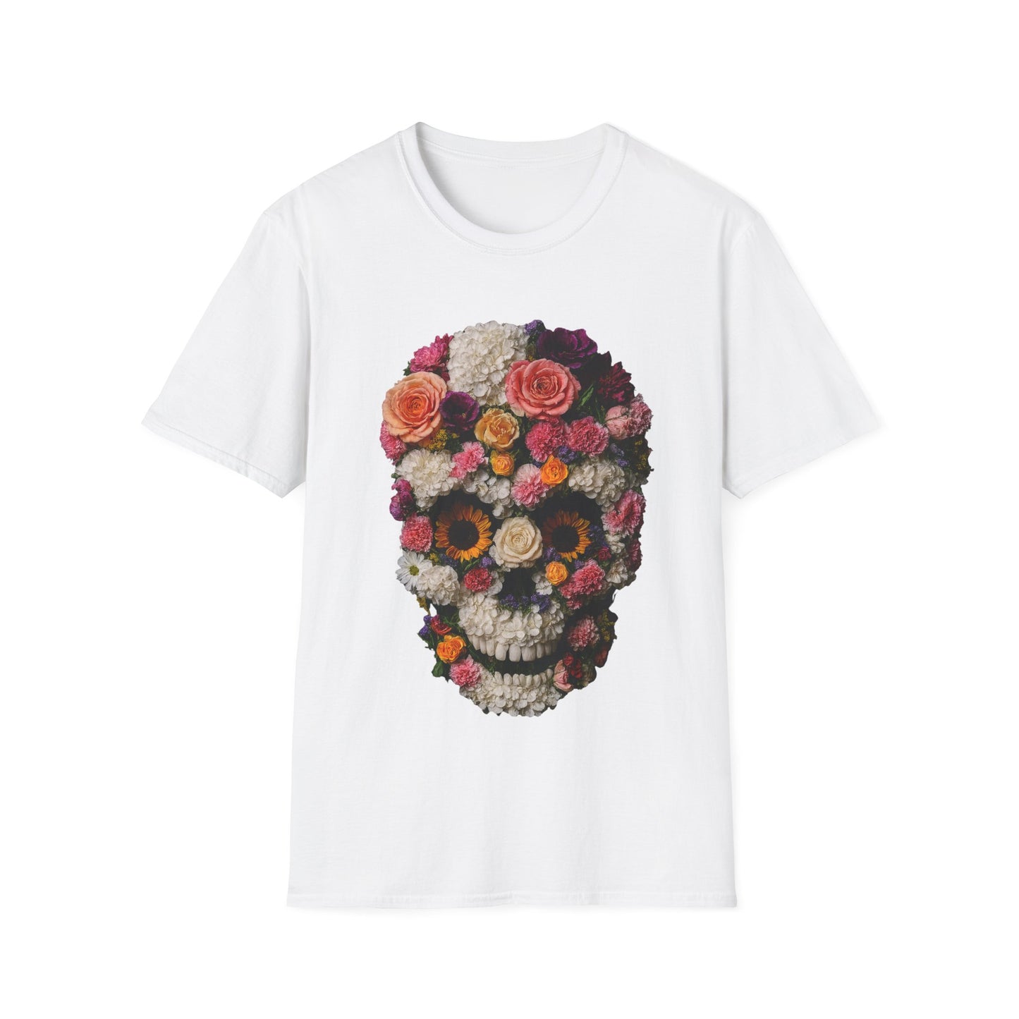 Floral Skull T-Shirt, Softstyle Unisex Tee, Perfect for Halloween, Day of the Dead, Casual Style, Gift for Skull Lovers.