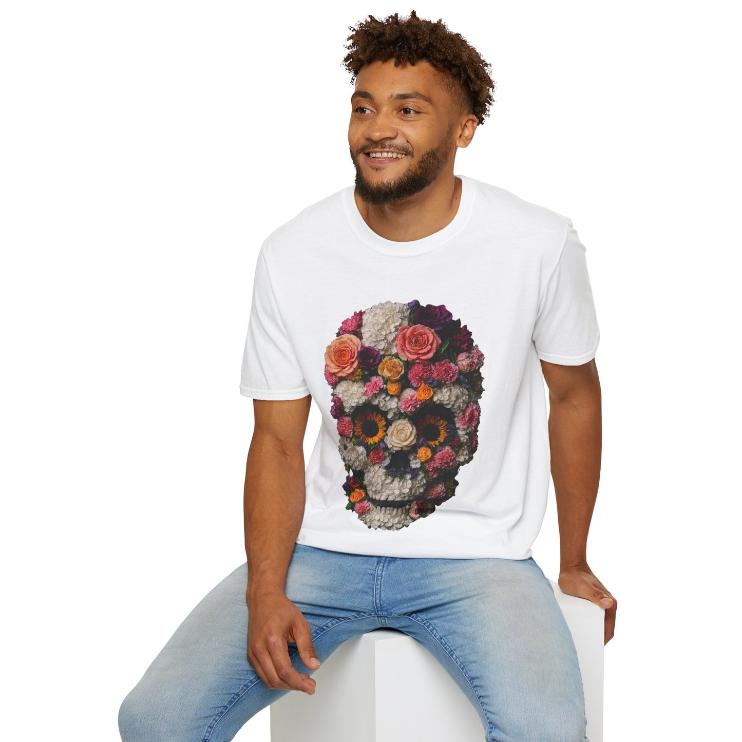 Floral Skull T-Shirt, Softstyle Unisex Tee, Perfect for Halloween, Day of the Dead, Casual Style, Gift for Skull Lovers.