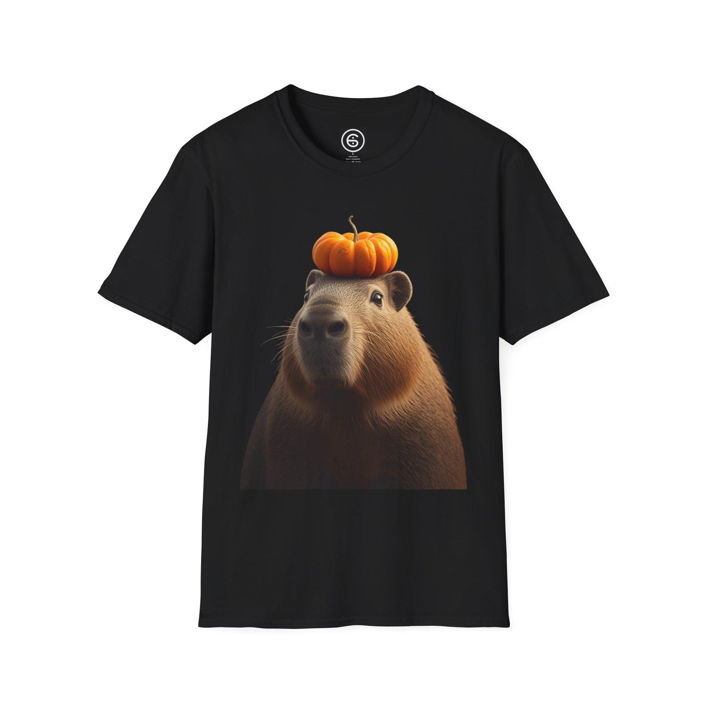 Capybara with Pumpkin on it's head T-Shirt, Halloween Fun Unisex Softstyle Tee. Sure to get a giggle.