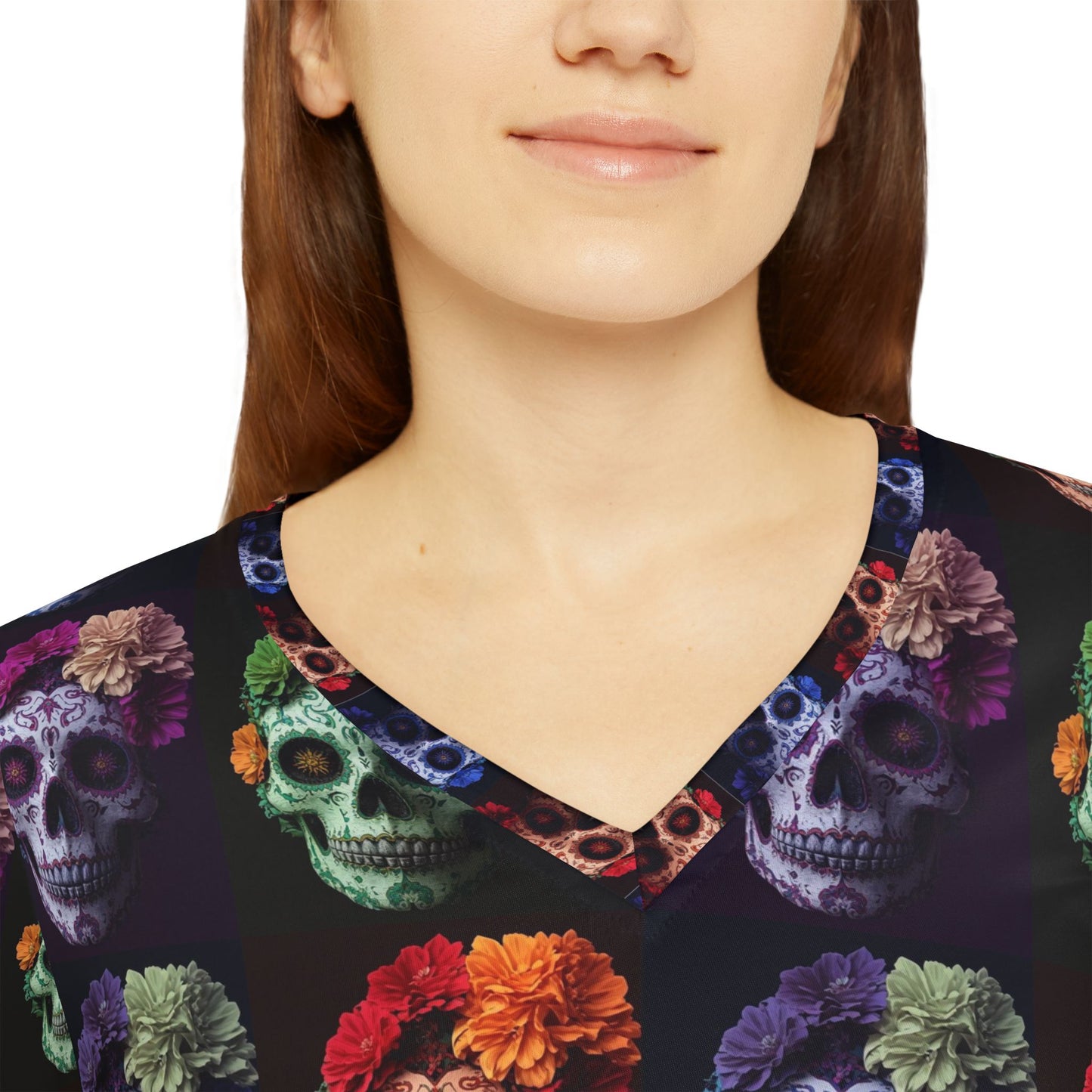 Colorful Skull V-neck Shirt, Day of the Dead Apparel, Women's Fashion Top, Halloween Outfit, Unique Gift for Her