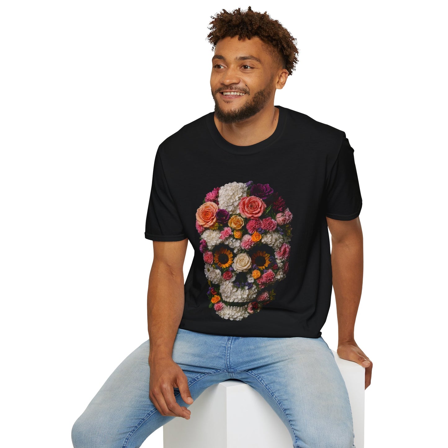 Floral Skull T-Shirt, Softstyle Unisex Tee, Perfect for Halloween, Day of the Dead, Casual Style, Gift for Skull Lovers.