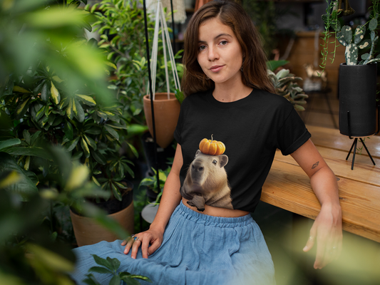Capybara with Pumpkin on it's head T-Shirt, Halloween Fun Unisex Softstyle Tee. Sure to get a giggle.