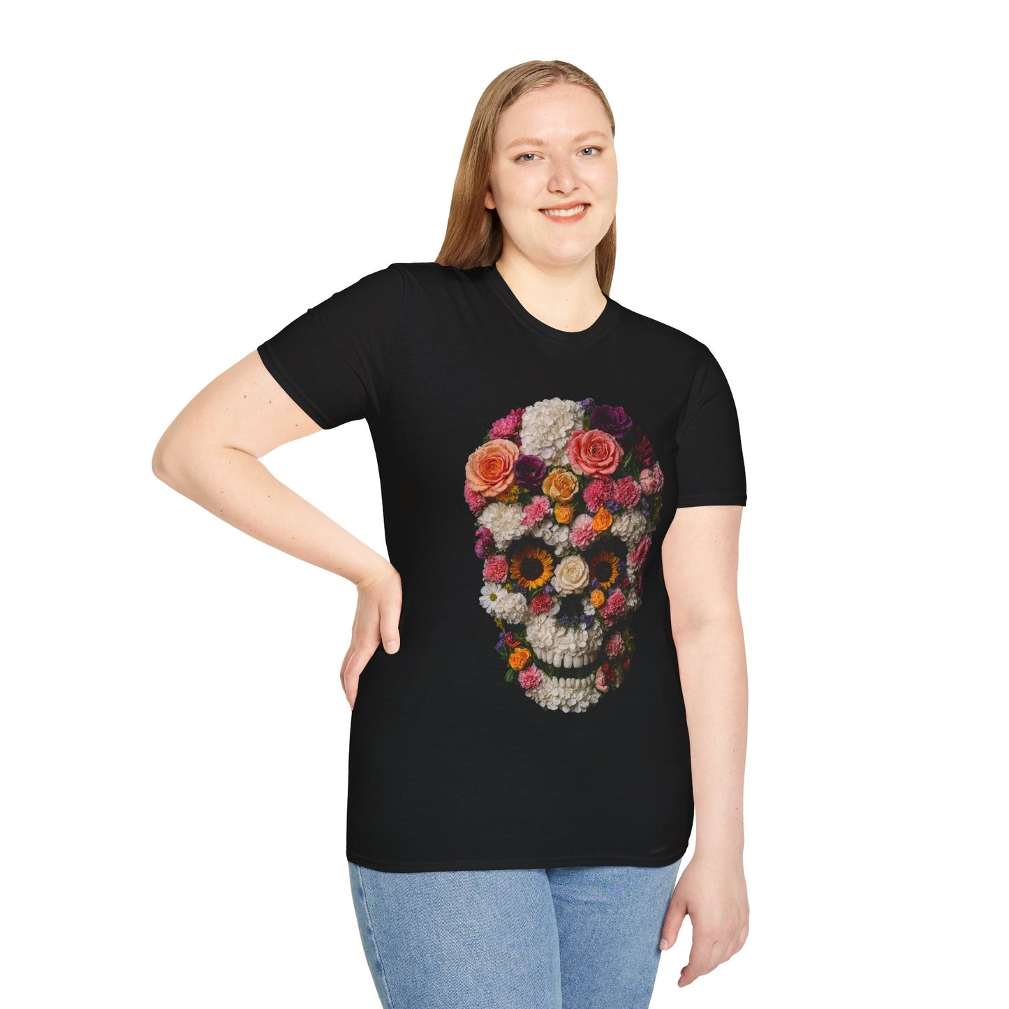 Floral Skull T-Shirt, Softstyle Unisex Tee, Perfect for Halloween, Day of the Dead, Casual Style, Gift for Skull Lovers.