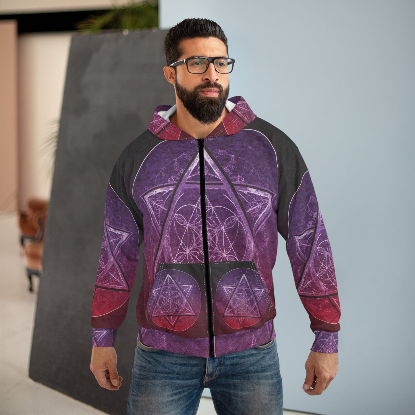 Purple Mandala Unisex Zip Hoodie - Spiritual Comfort Wear, Casual Outerwear, Cozy Layer, Yoga Apparel, Gift for Mindfulness