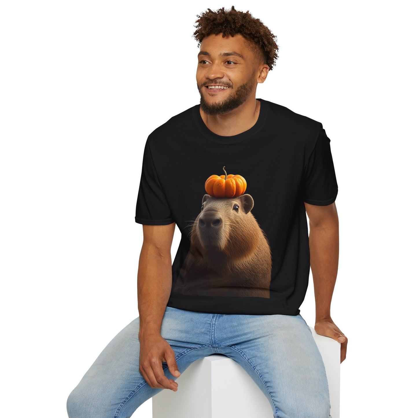 Capybara with Pumpkin on it's head T-Shirt, Halloween Fun Unisex Softstyle Tee. Sure to get a giggle.