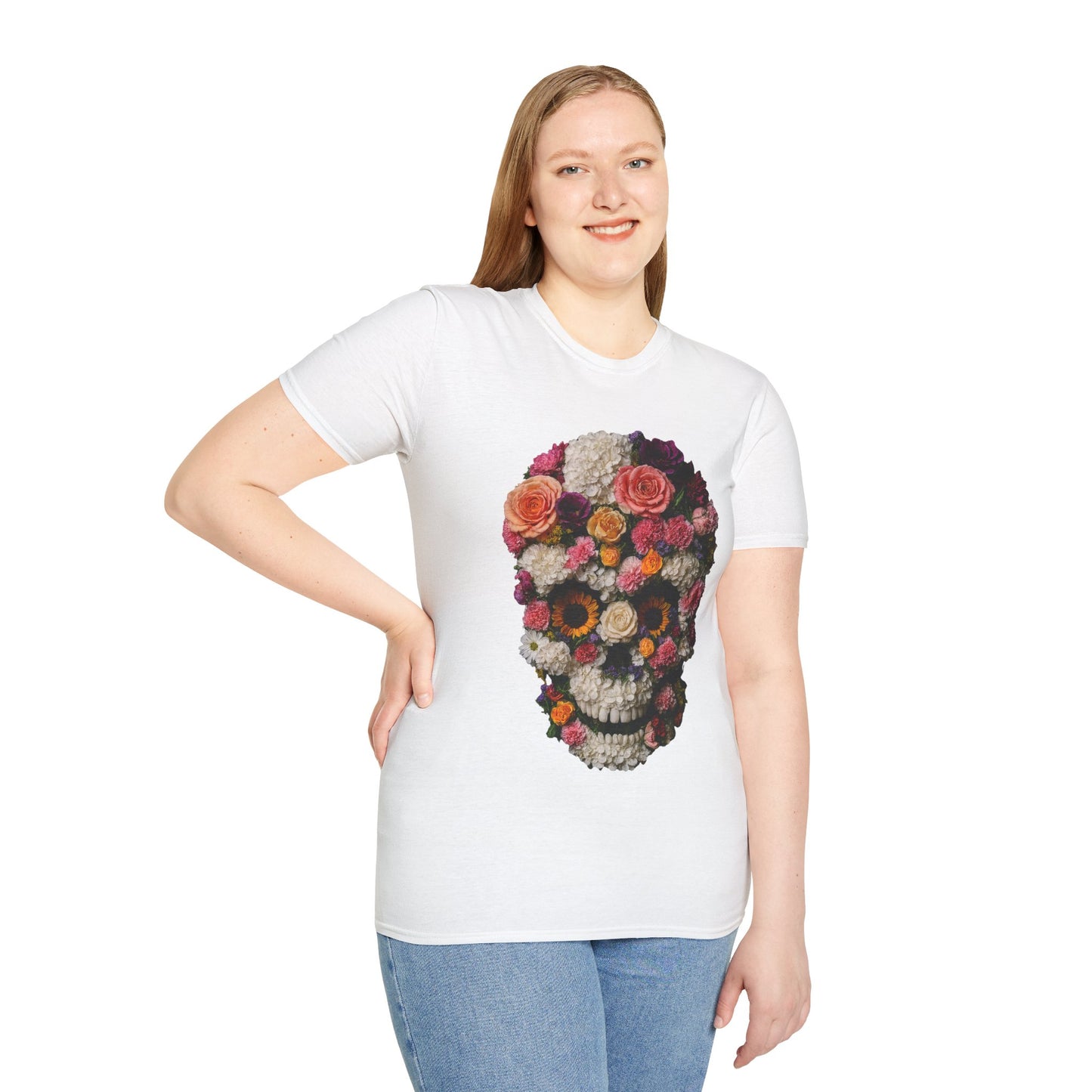 Floral Skull T-Shirt, Softstyle Unisex Tee, Perfect for Halloween, Day of the Dead, Casual Style, Gift for Skull Lovers.