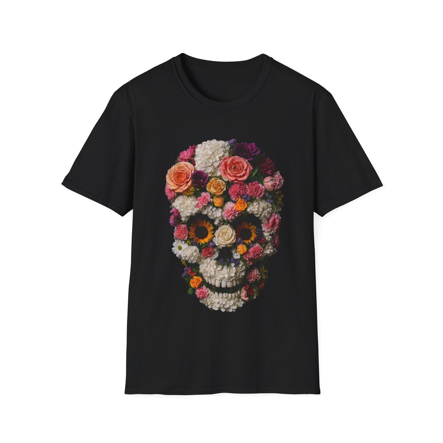 Floral Skull T-Shirt, Softstyle Unisex Tee, Perfect for Halloween, Day of the Dead, Casual Style, Gift for Skull Lovers.